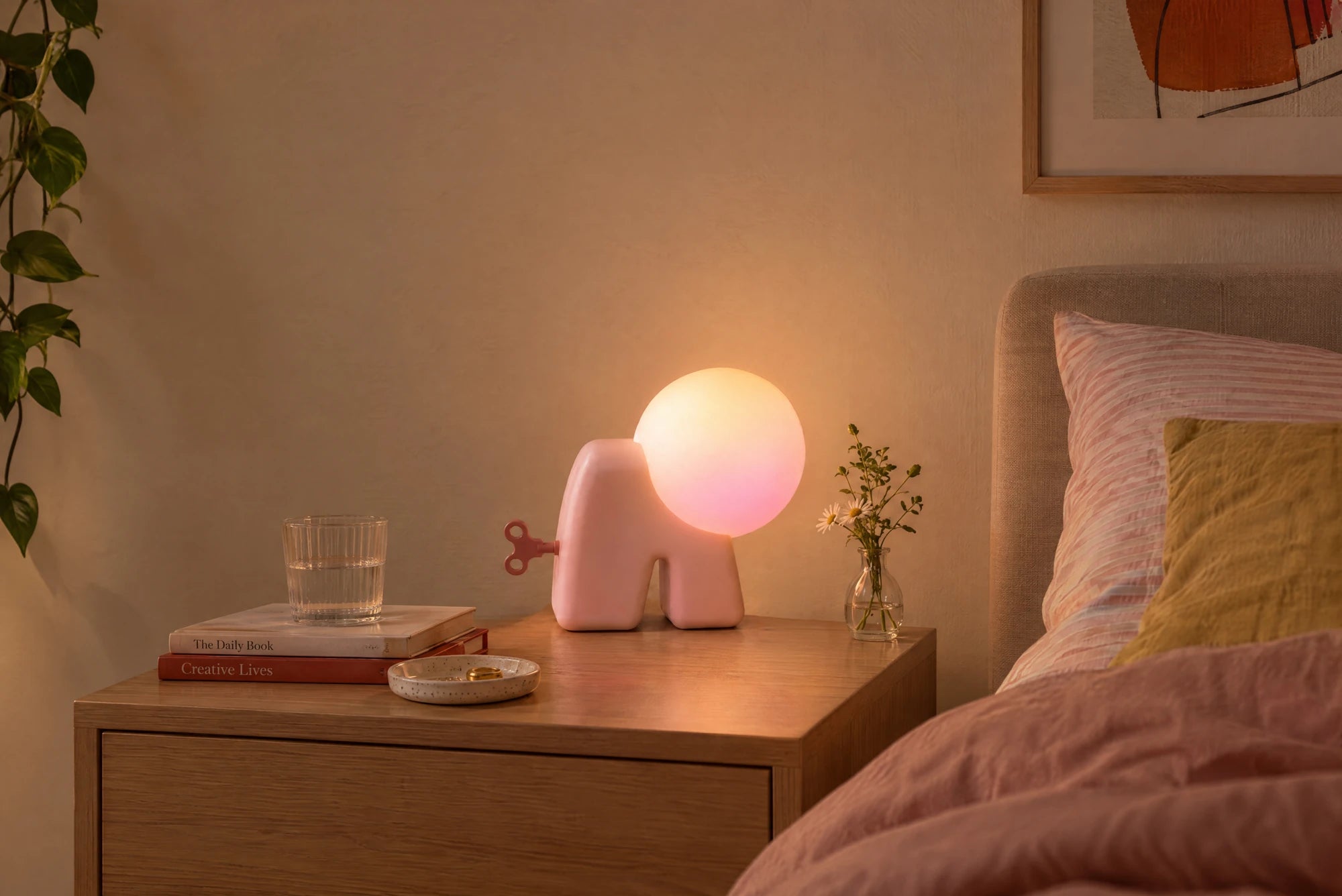 Puppy glowing on a bedside table